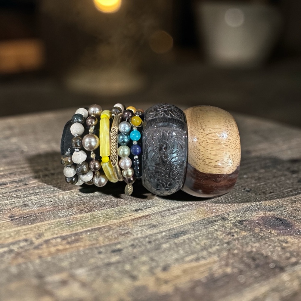 Boho Turquoise & Silver Beaded Bracelet Stack - Multilayer Beachy Wrap Set - Picture 2 of 4